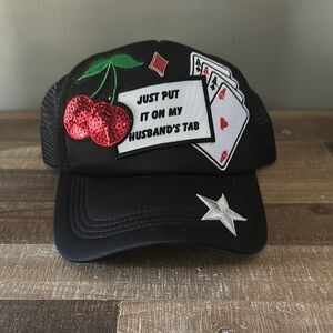 NEW! Black Trucker Hat with Cherry and Card Design